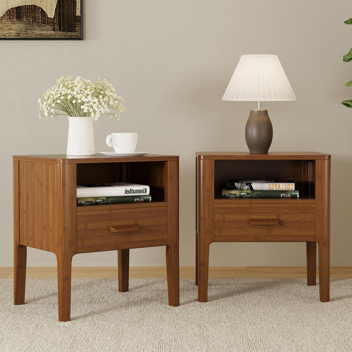 Merax Bamboo Nightstands Set of 2, Night Stands w/Drawer & Shelf, Brown