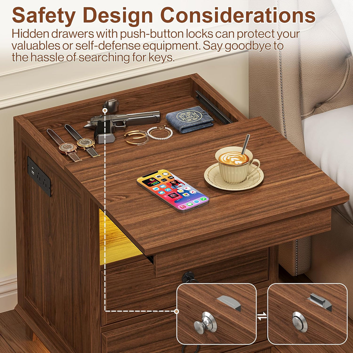 Yusong LED Night Stand with Gun Drawer, Bedside Table with Charging Station, Sofa Couch End Side Table with with 2 Drawers ＆Open Shelf for Bedroom, Brown