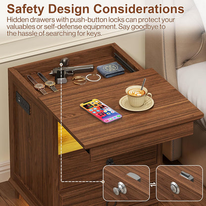 Yusong LED Night Stand with Gun Drawer, Bedside Table with Charging Station, Sofa Couch End Side Table with with 2 Drawers ＆Open Shelf for Bedroom, Brown