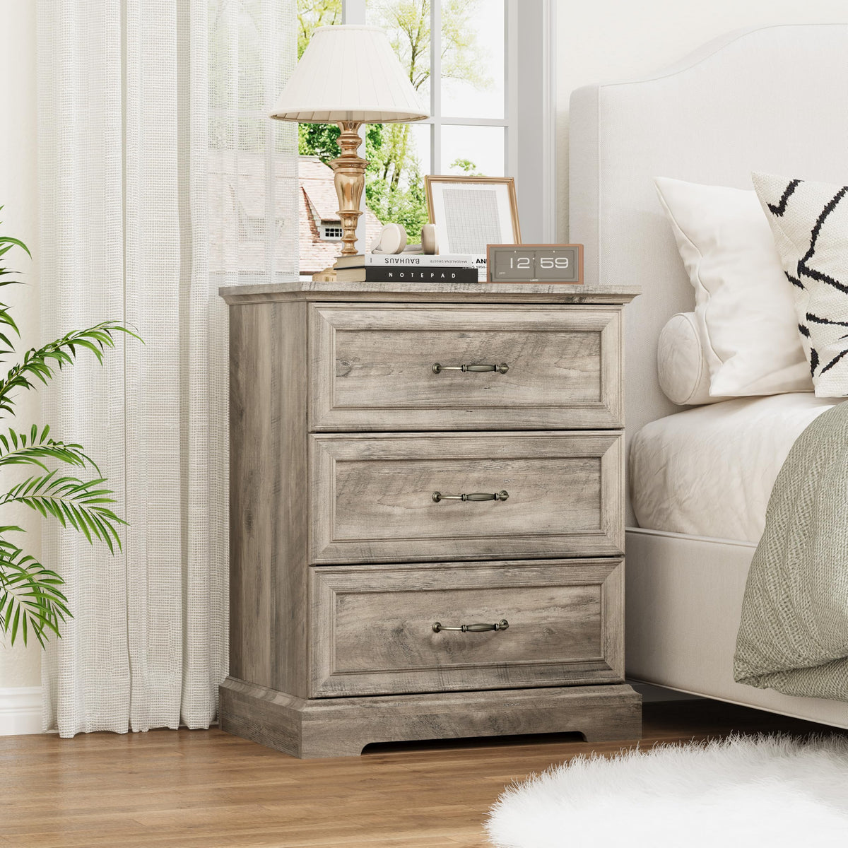 Black Nightstand Set of 2,24" Wide End Table with 3 Large Drawers & Metal Handles,Rustic Farmhouse Wood Small Dresser,Bedside Table,Modern Chest of Drawers for Bedroom,Living Room