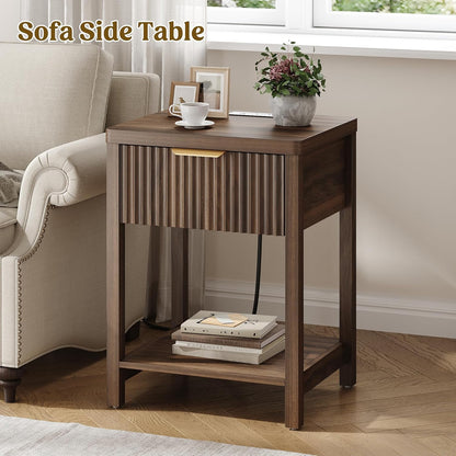 Night Stand Set 2, Fluted Wood Nightstands w/Charging Station for Bedroom