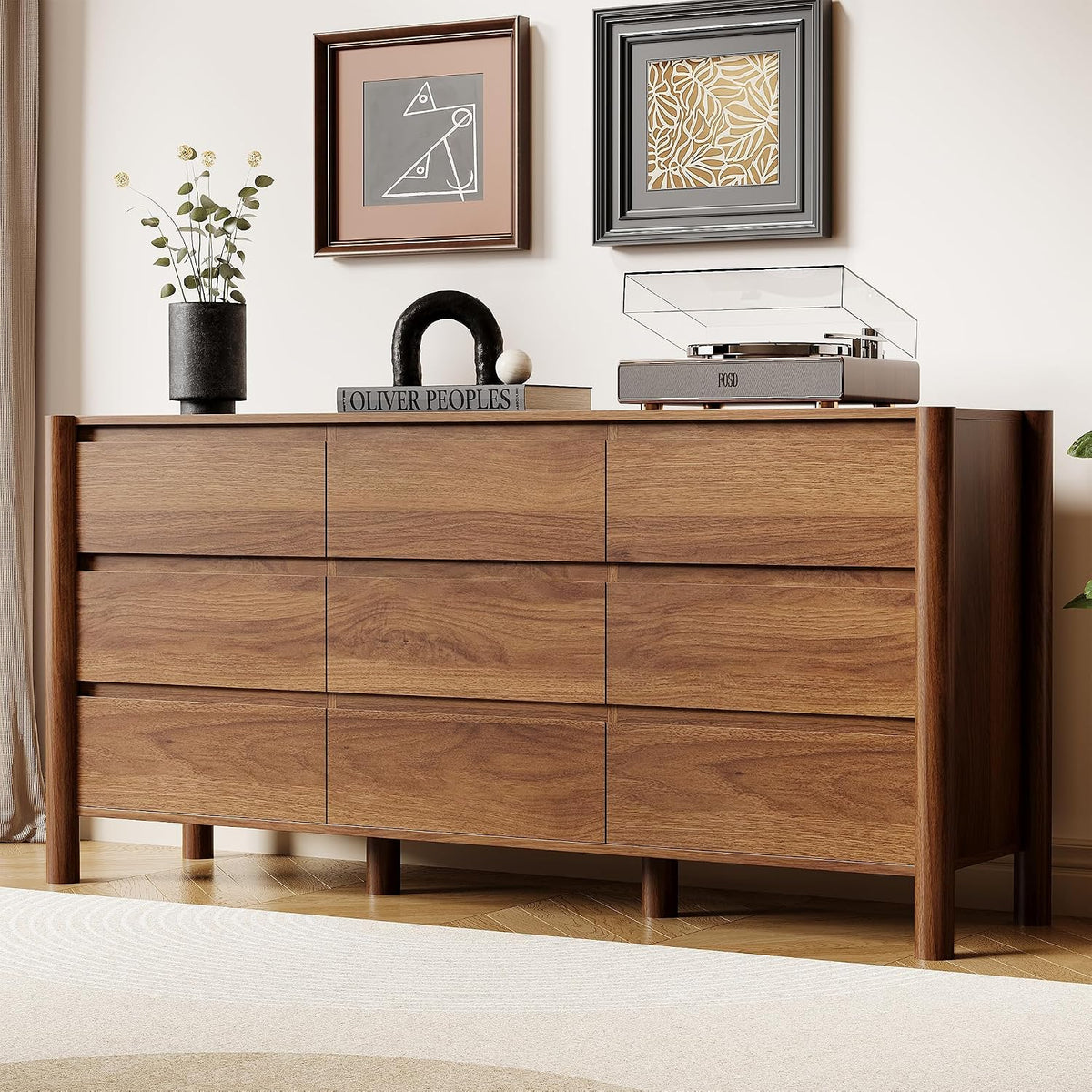 HOUROM Walnut Dresser for Bedroom,63"Wide 9 Drawer Mid Century Modern Chest