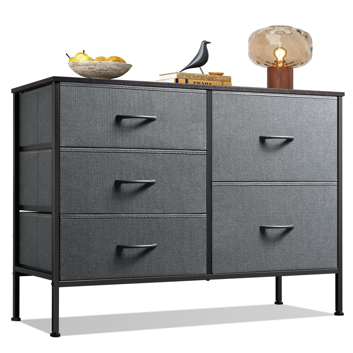 WLIVE Black Dresser for Bedroom, 5 Fabric Chest of Drawers