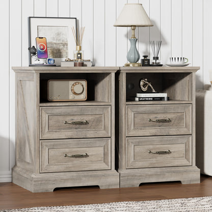 Black Nightstand Set of 2,24" Wide End Table with 3 Large Drawers & Metal Handles,Rustic Farmhouse Wood Small Dresser,Bedside Table,Modern Chest of Drawers for Bedroom,Living Room
