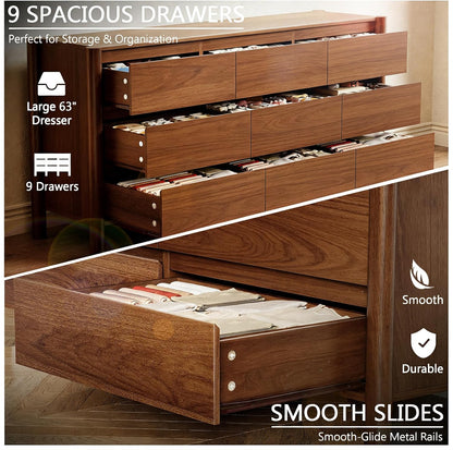 HOUROM Walnut Dresser for Bedroom,63"Wide 9 Drawer Mid Century Modern Chest