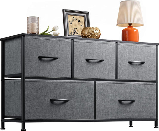 WLIVE Wide Dresser for Bedroom, 5 Drawer Chest of Drawers, Dark Grey