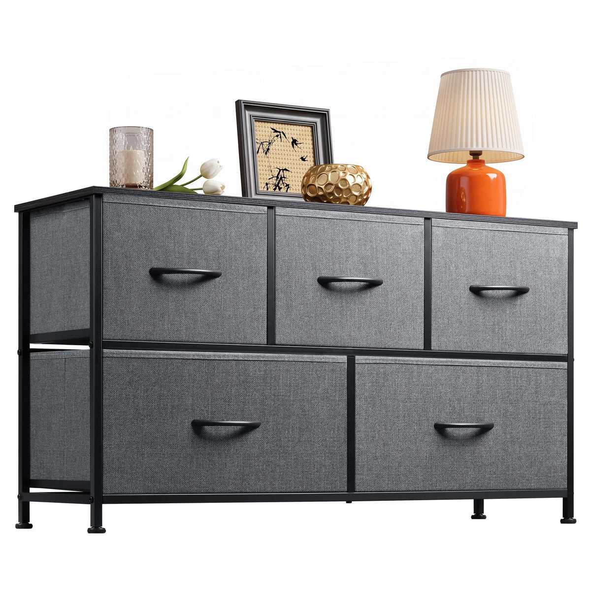 WLIVE Wide Dresser for Bedroom, 5 Drawer Chest of Drawers, Dark Grey