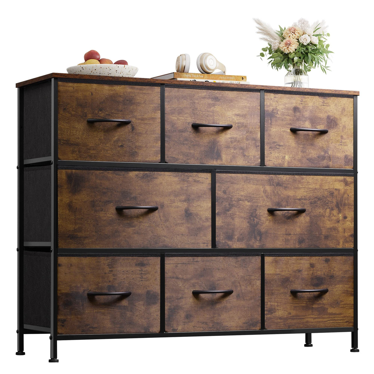 WLIVE Wide Dresser for Bedroom, 8 Drawer Chest of Drawers, Black Wood Grain